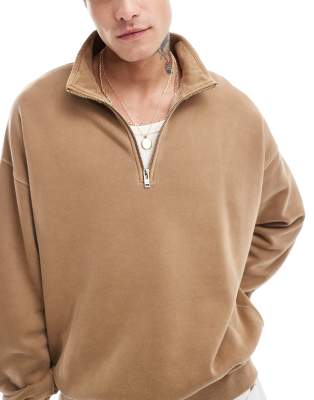 Abercrombie & Fitch Abercrombie & Fitch essential half zip sweatshirt in tan-Brown