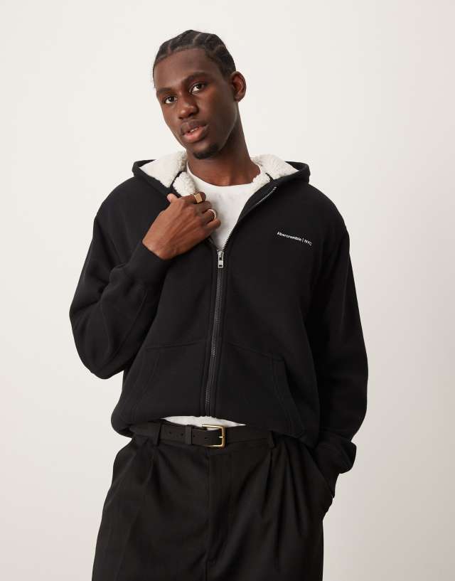 Abercrombie & Fitch essential icon sherpa lined hoodie in black | ASOS
