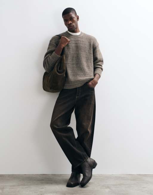 Abercrombie & Fitch essential knitted crew neck jumper in speckled brown, 3 of 5