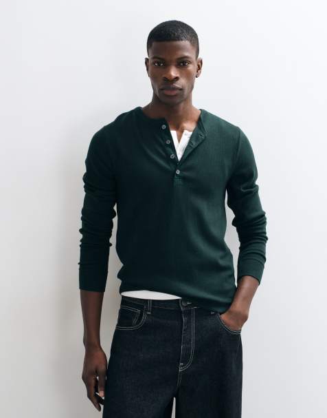 Abercrombie & Fitch essential ribbed henley top in dark green - view 1