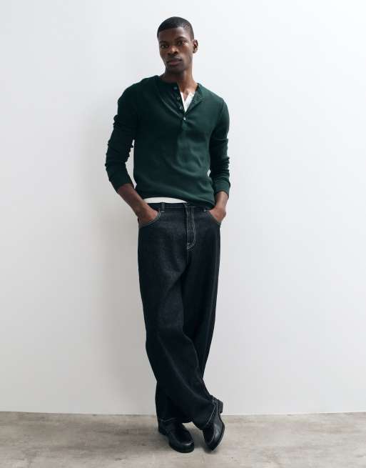Abercrombie & Fitch essential ribbed henley top in dark green, 3 of 5