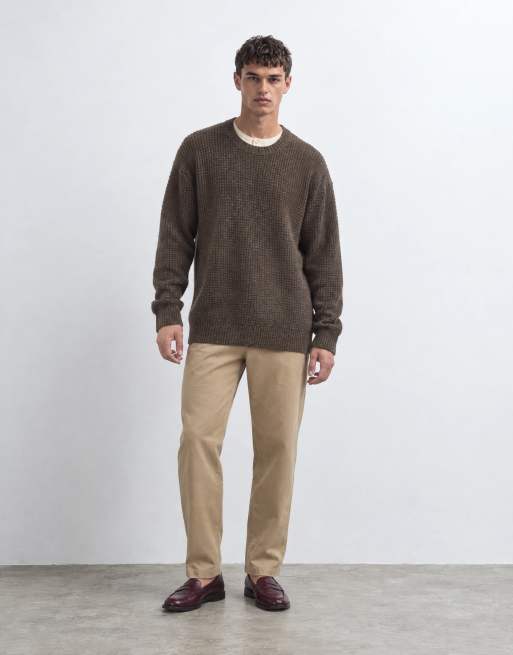 Abercrombie & Fitch essential waffle knitted crew neck jumper in brown, 6 of 10