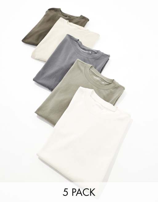 Abercrombie & Fitch - Essentials - Pakke med 5 T-shirts i koksgrå/olivengrøn/beige/hvid i afslappet pasform