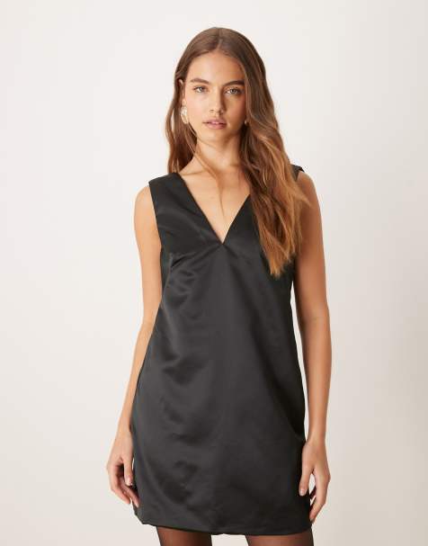 Abercrombie & Fitch – Etuikleid aus Satin in Schwarz mit tiefem Rückenausschnitt mit Schleifenbesatz - view 1