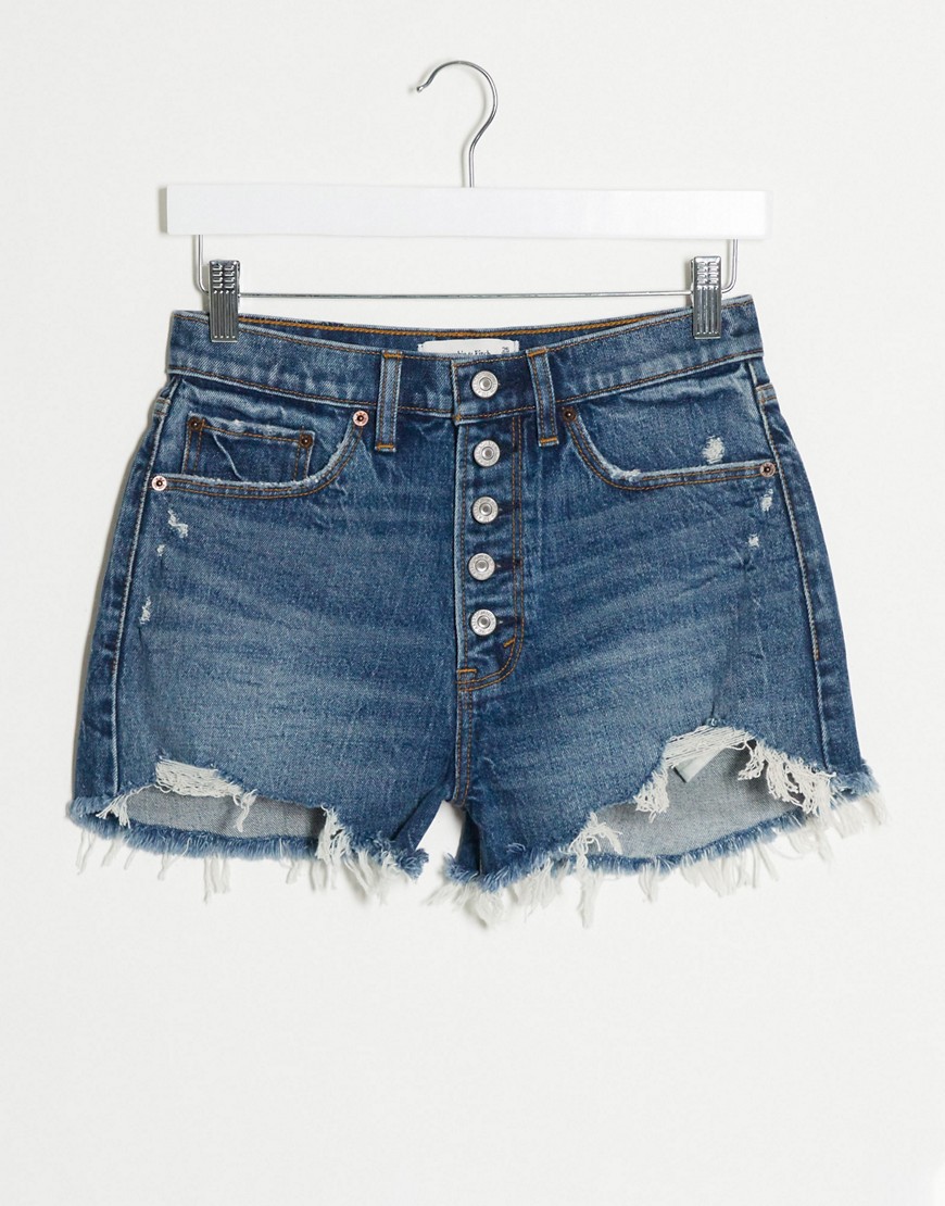 Abercrombie & Fitch exposed button high waisted denim short in mid blue