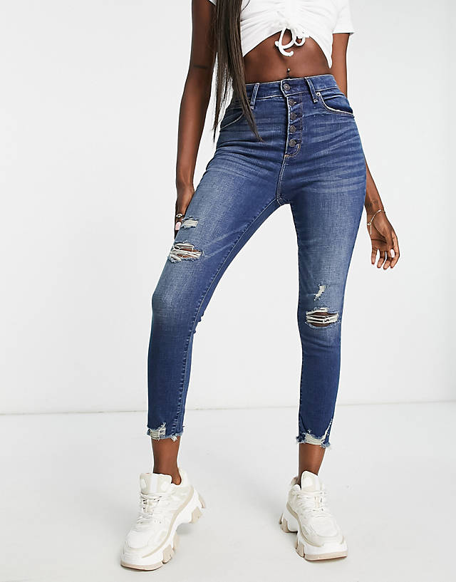Abercrombie & Fitch - exposed distressed hem high rise jeans in dark destroy