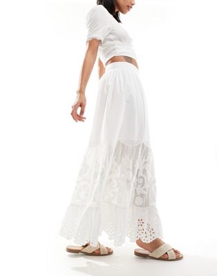 Abercrombie & Fitch eyelet tiered linen maxi skirt in white