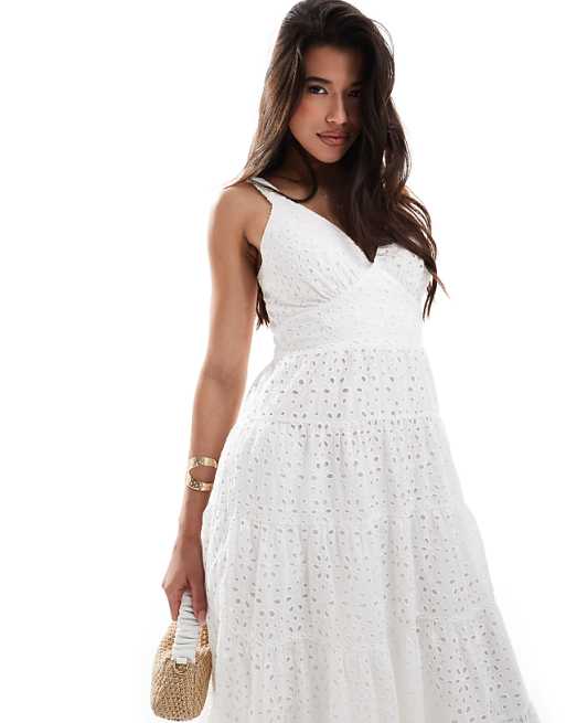 abercrombie and fitch white maxi dress Women's The A&F Emerson Strapless Slim fitting maxi in our 100% cotton seersucker fabric and flowy silhouette Abercrombie & Fitch eyelet tiered