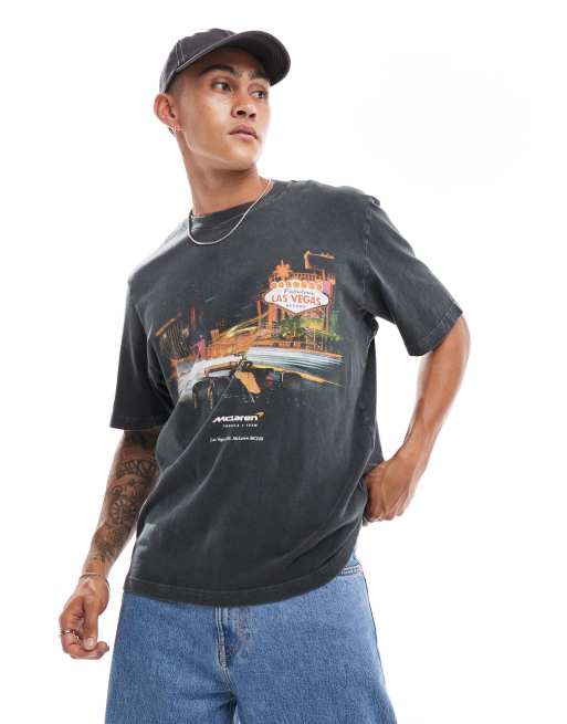 Abercrombie & Fitch - F1 - T-shirt met Las Vegas McLaren-print en acid-wash in donkergrijs