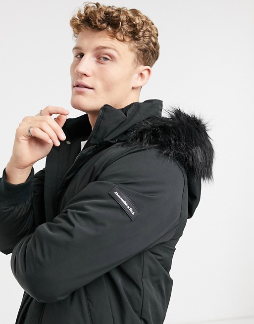 Abercrombie & Fitch faux fur hood ultra bomber jacket in black