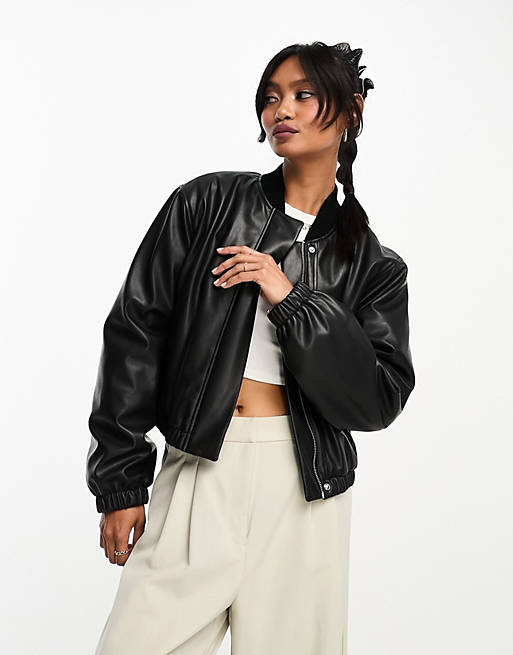 Abercrombie & Fitch faux leather bomber jacket in black | ASOS