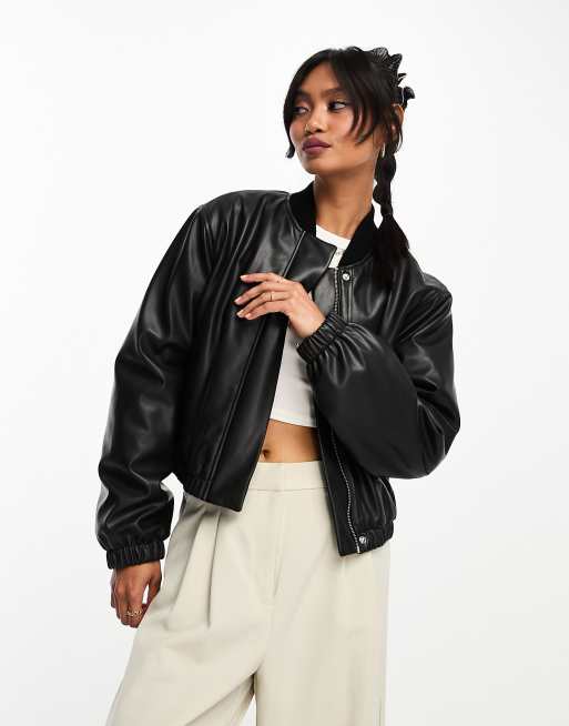 Abercrombie Fitch faux leather bomber jacket in black