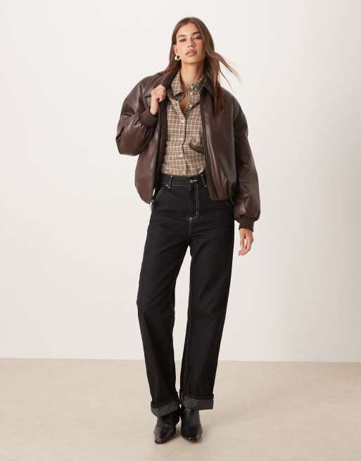 Abercrombie & Fitch faux leather bubble hem bomber jacket in brown