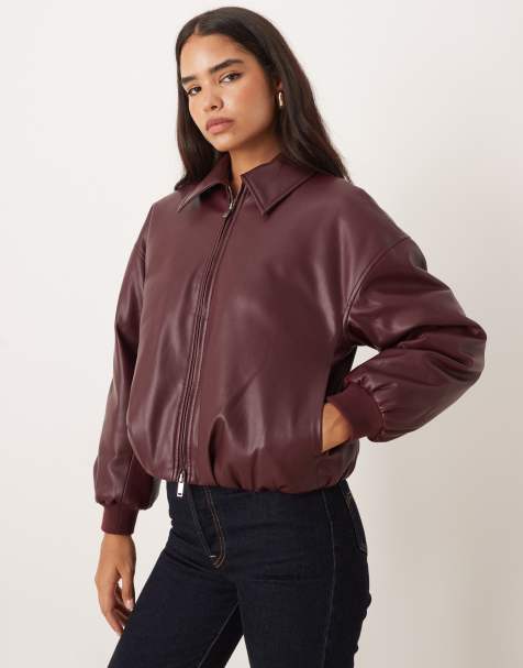 Abercrombie & Fitch faux-leather bubble hem bomber jacket in burgundy - view 1