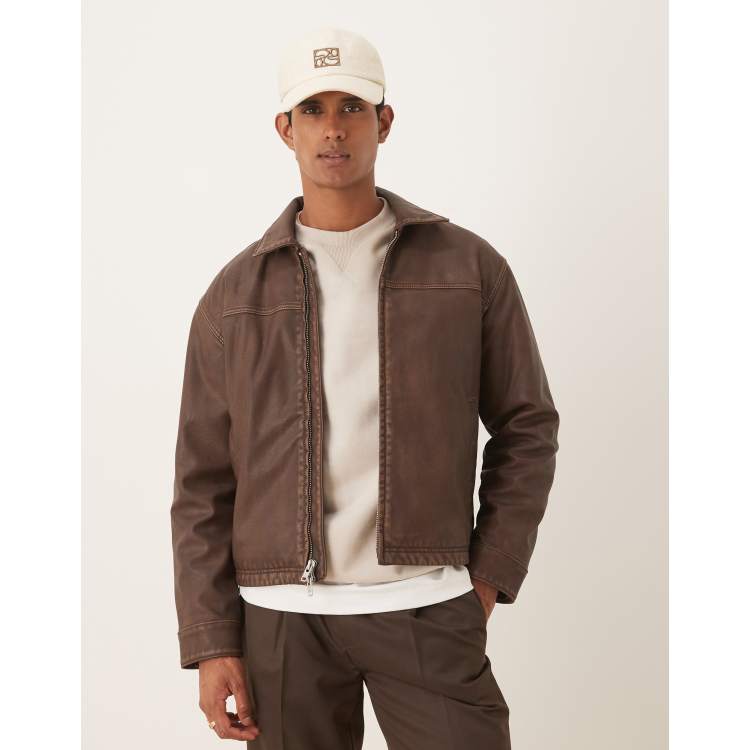 Abercrombie & Fitch faux leather jacket in brown | ASOS