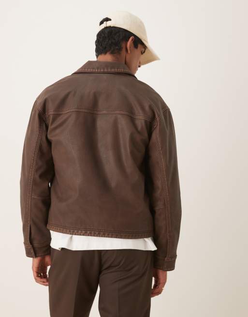 Abercrombie & Fitch faux leather jacket in brown | ASOS