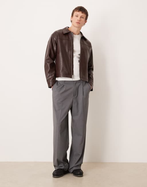 Abercrombie & Fitch faux leather jacket in burgundy brown | ASOS