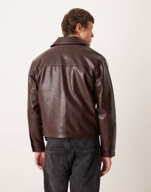 ジャケット・アウター ABEUNDMOR FAUX LEATHER JACKET BROWN Abercrombie & Fitch faux leather jacket in burgundy brown | ASOS