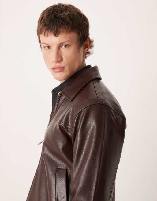 Abercrombie & Fitch faux leather jacket in burgundy brown | ASOS