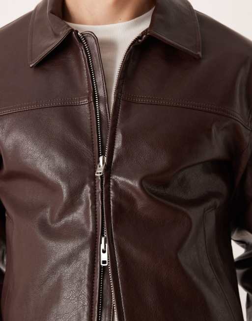 Abercrombie & Fitch faux leather jacket in burgundy brown | ASOS