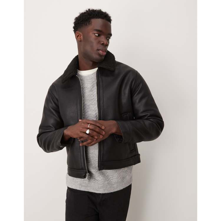 Abercrombie Fitch faux leather sherpa lined shearling jacket in black ASOS