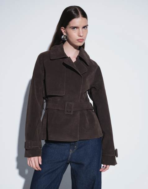 Abercrombie & Fitch faux suede belted short trench in dark brown - view 1