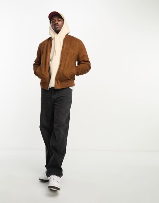 Faux Suede Varsity Jacket - Brown