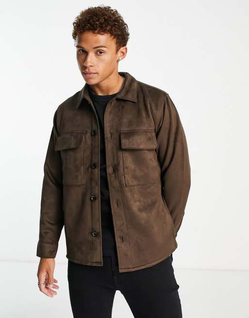 Abercrombie & Fitch faux suede overshirt jacket in brown