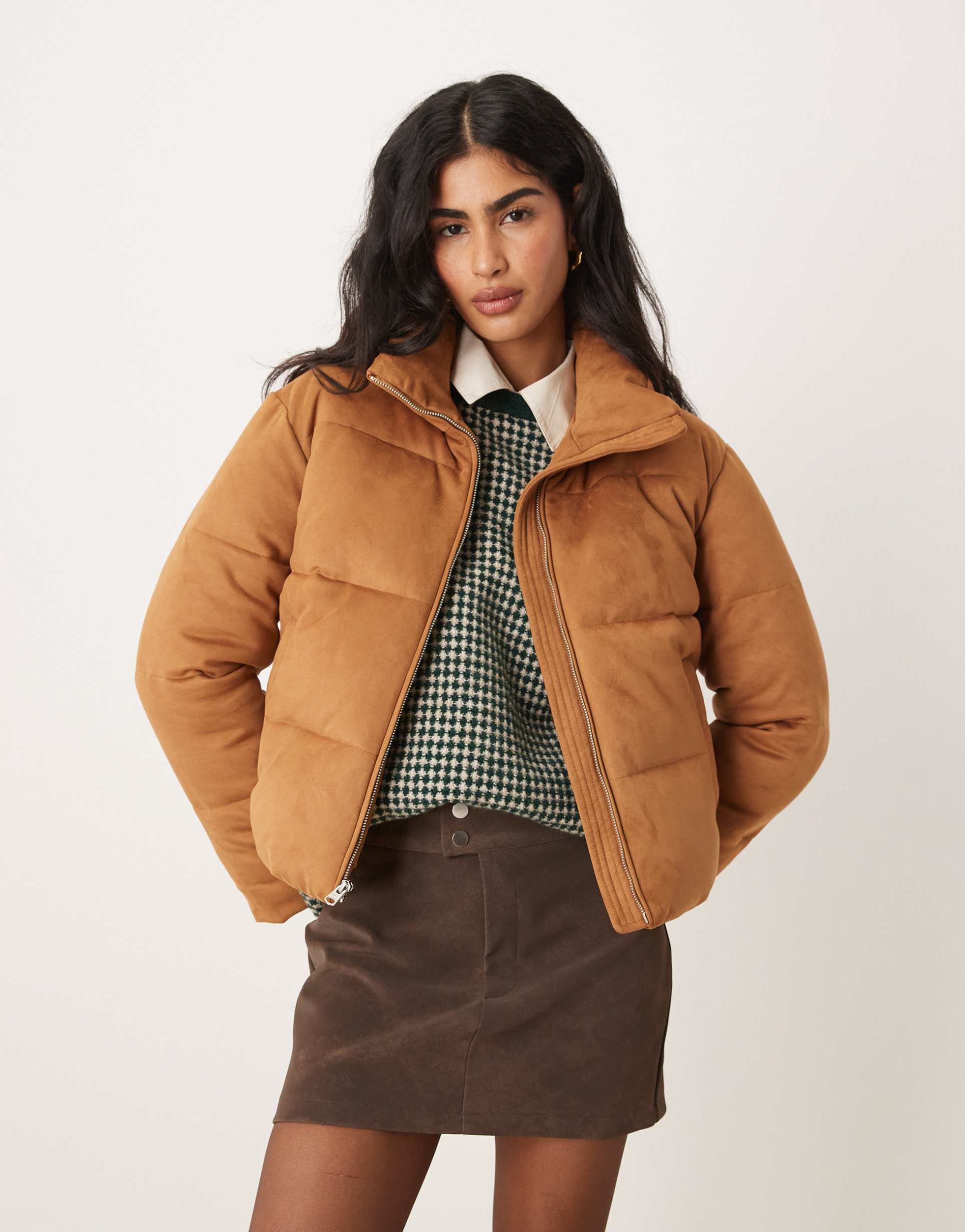 abercrombie & fitch faux suede short puffer jacket in camel