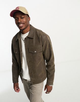 Abercrombie & Fitch faux suede trucker jacket in olive green
