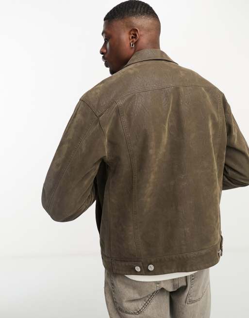 Abercrombie Fitch faux suede trucker jacket in olive green ASOS