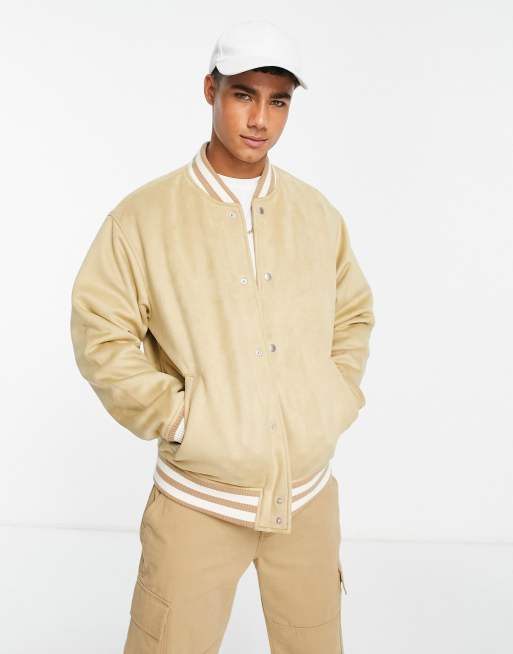 Abercrombie & Fitch faux suede varsity bomber jacket in tan | ASOS