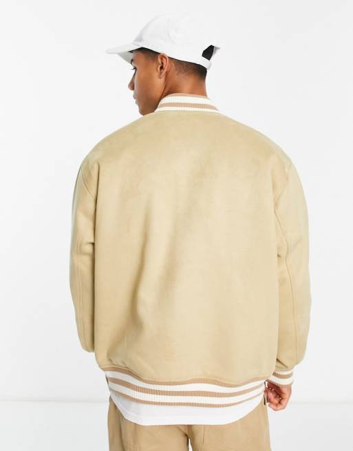 Abercrombie & Fitch faux suede varsity bomber jacket in tan