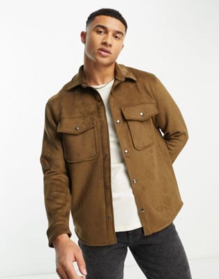 Abercrombie & Fitch faux suede western shirt jacket in tan