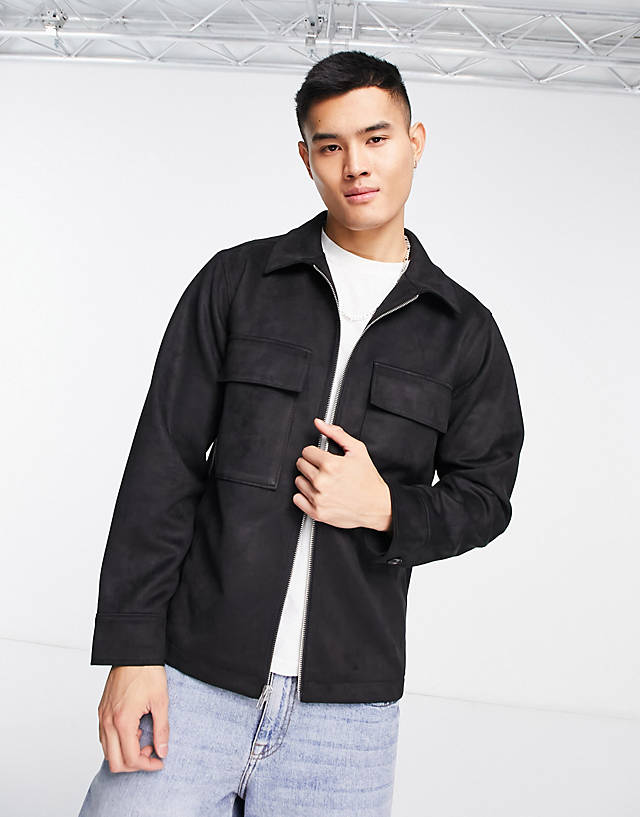 Abercrombie & Fitch - faux suede zip front shirt jacket in black