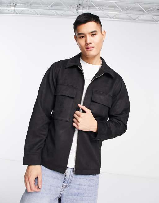 Abercrombie & Fitch faux suede zip front shirt jacket in black | ASOS