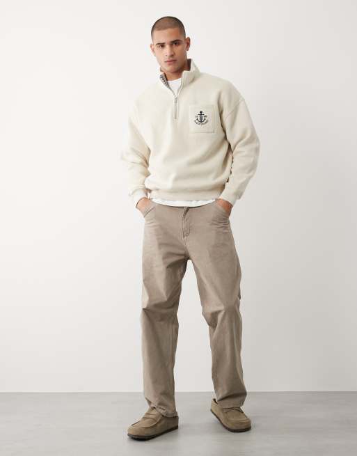 Abercrombie & Fitch - Felpa beige con zip corta e tasca ricamata, 2 di 5