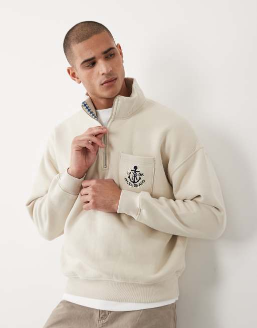 Abercrombie & Fitch - Felpa beige con zip corta e tasca ricamata, 3 di 5
