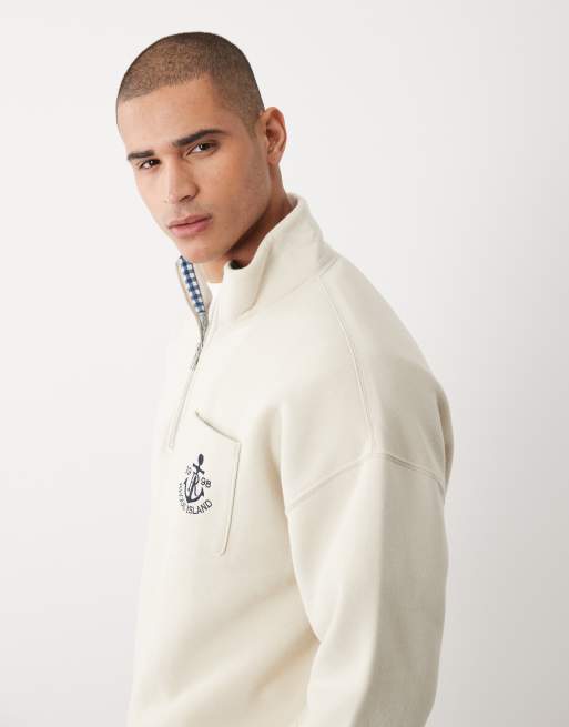 Abercrombie & Fitch - Felpa beige con zip corta e tasca ricamata, 4 di 5