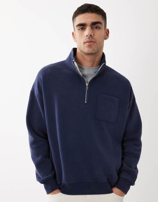 Abercrombie & Fitch - Felpa blu navy con zip corta e tasca ricamata, 2 di 5