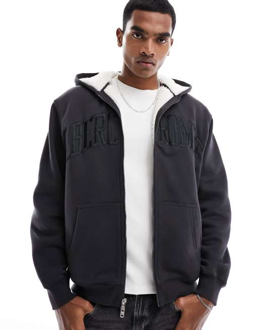 Abercrombie Fitch Felpa con cappuccio fodera in pile oversize nero slavato con zip e logo frontale ASOS