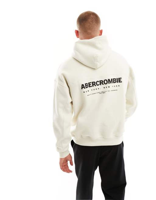 Abercrombie & Fitch - Felpa con cappuccio oversize color crema con logo sul davanti e sul retro