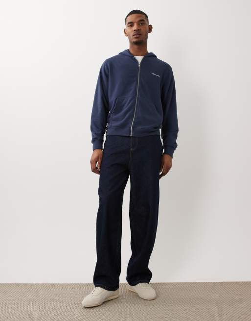 Abercrombie & Fitch - Felpa con cappuccio premium blu navy con zip e logo, 3 di 5