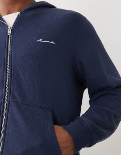 Abercrombie & Fitch - Felpa con cappuccio premium blu navy con zip e logo, 4 di 5