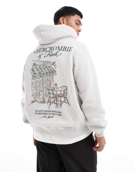Abercrombie & Fitch - Felpa grigio mélange con cappuccio, logo e stampa di caffetteria sul retro