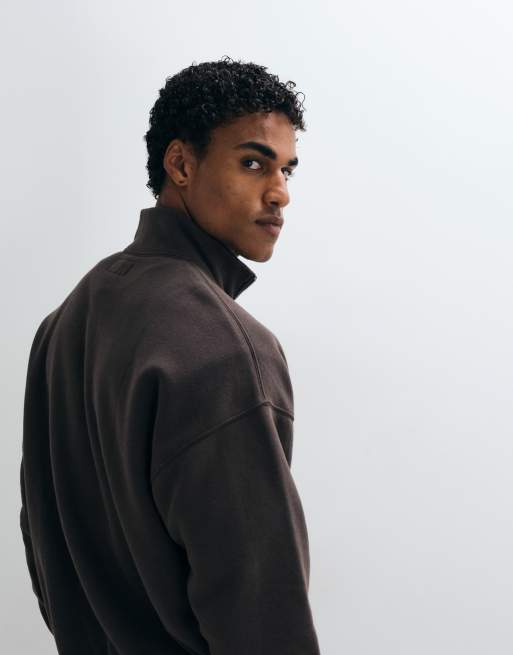 Abercrombie & Fitch felpa oversize con zip a un quarto e logo icon in marrone, 3 di 5