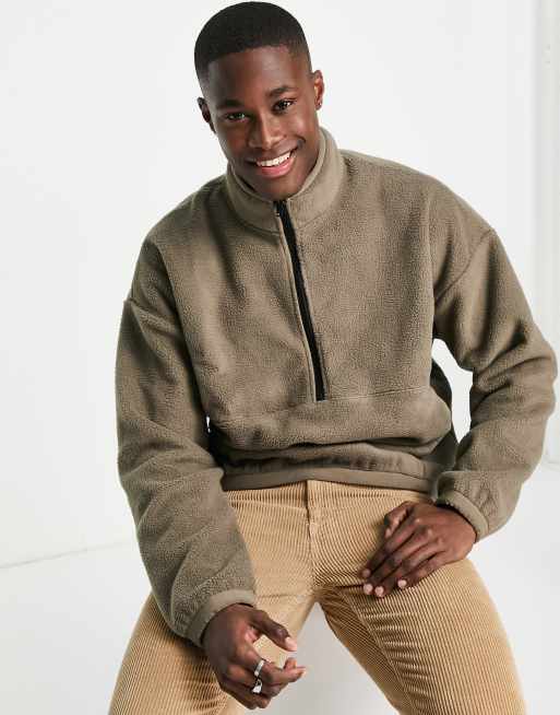 Abercrombie & Fitch - Felpa oversize marrone in pile con zip corta