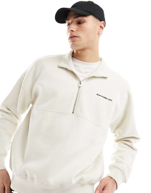 Abercrombie & Fitch - Felpa premium color crema con zip corta