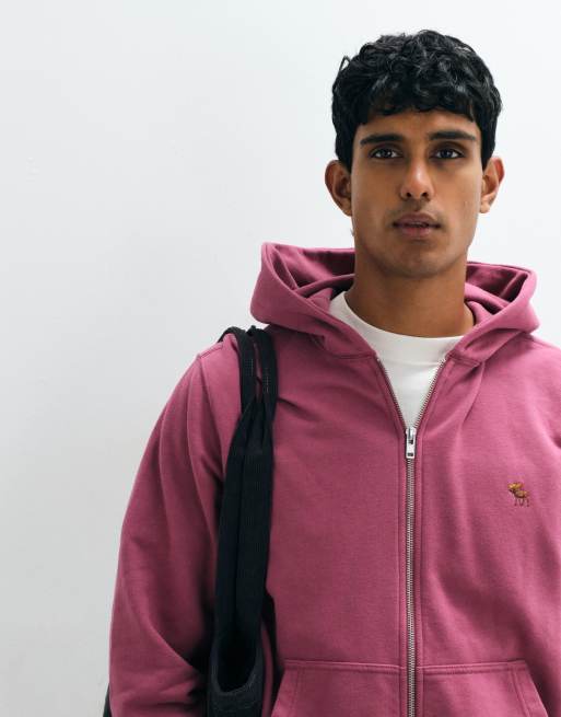 Abercrombie & Fitch - Felpa rosso slavato con cappuccio, zip e logo, 4 di 5