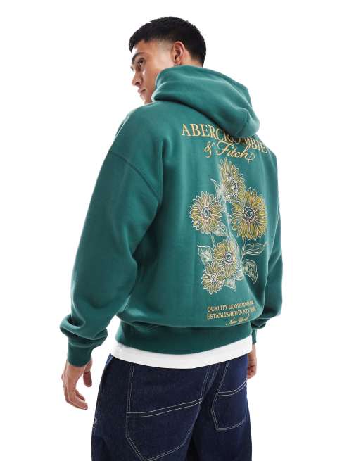 Abercrombie & Fitch - Felpa verde scuro con cappuccio e stampa di fiori sul retro